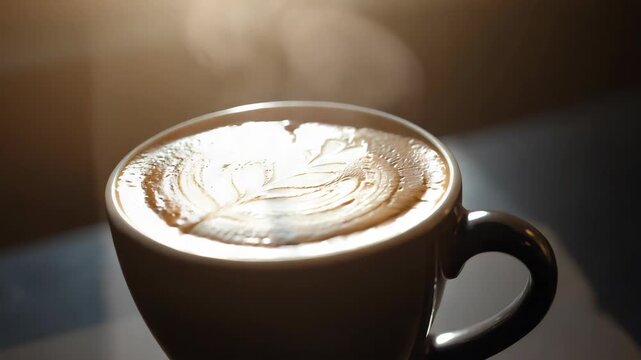 Steaming latte with leaf latte art ceramic cup foam and cozy coffee cup table with warm morning
