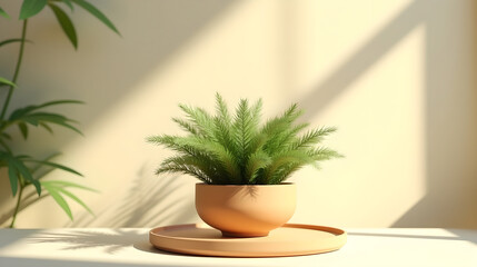 Small Potted Plant Indoors with Soft Sunlight and Shadows
