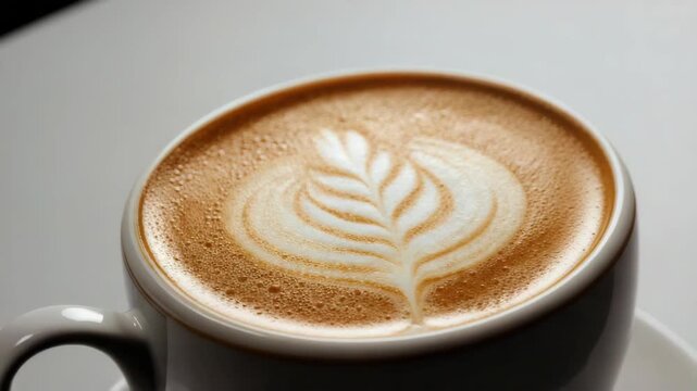 Latte art leaf foam pattern on creamy cappuccino with warm coffee crema and smooth milk texture