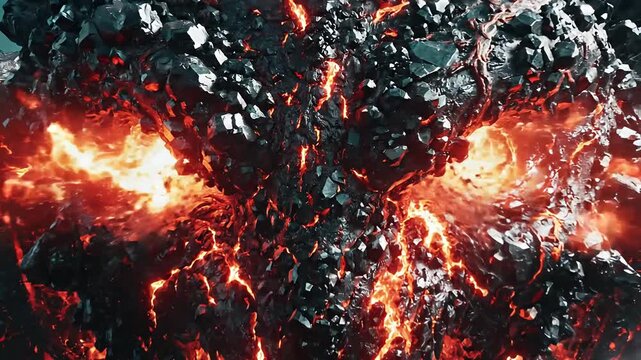 Molten Eyed Obsidian Titan Head in Frozen Ash Storm Cinematic Slow Zoom
