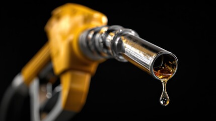 A close-up of a fuel nozzle dripping oil against a dark background, highlighting the shiny metal and vibrant yellow handle.