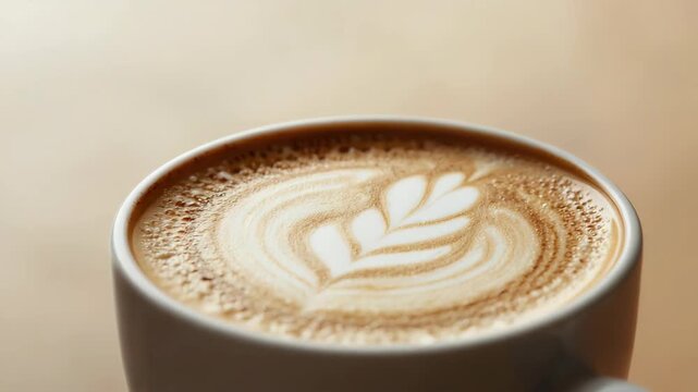 Creamy latte art heart and leaf foam in ceramic cup with delicate milk swirl morning coffee foam
