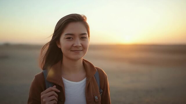 Young woman backpack smile at sunset in open desert landscape golden horizon