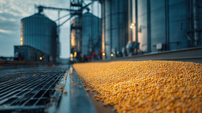 A vibrant scene at a grain storage facility, showcasing golden grains spilling from a conveyor belt with towering silos in the background.