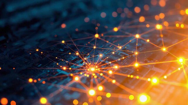 Glowing network nodes and node connection over circuit board with warm glow technology circuit