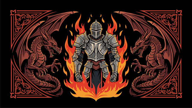 Armored Knight with Dragons and Flames - Fantasy Art Illustration