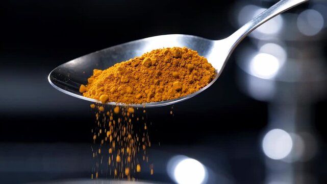 Turmeric spice powder spoon closeup critical mineral resources ingredient kitchen macro closeup turmeric powder spoon highlights rich orange herbal spice ingredient kitchen mineral resources concept