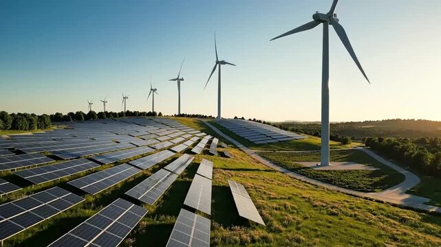 Solar Panels and Wind Turbines Generating Clean Energy on a Hillside at Sunset.