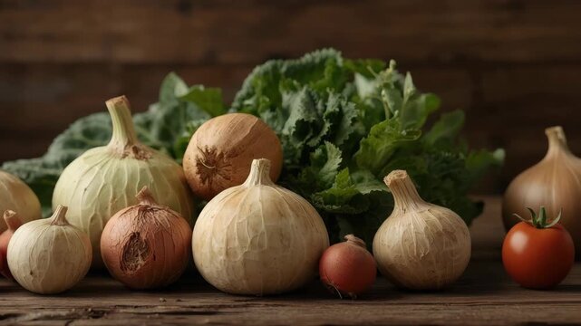 Onion and leafy kale cabbage vegetable assortment on rustic wooden table earthy harvest mood