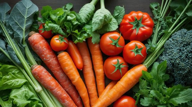 Fresh organic carrots tomatoes and leafy green lettuce broccoli vegetable vibrant harvest display