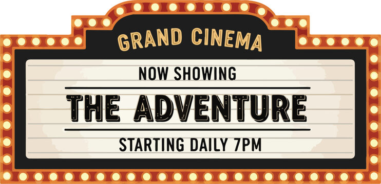 Vintage cinema marquee sign displaying movie advertisement at night with bright lights and ornate decorations
