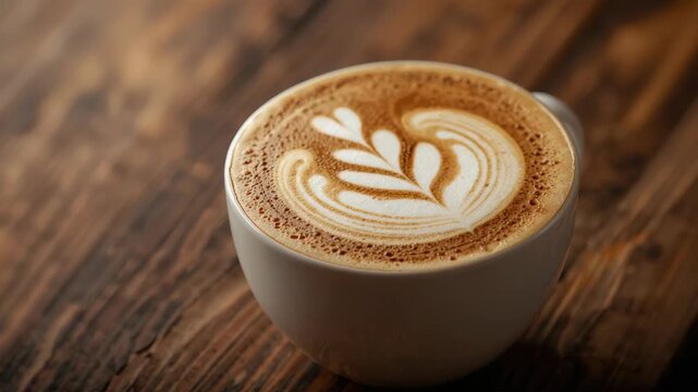 Latte art heart and leaf foam pattern coffee cup wooden table warm cozy cappuccino cup foam