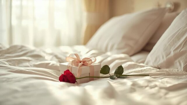 Romantic gift box with ribbon and red rose on sunlit bed pillow morning mood gift
