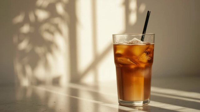 Iced coffee glass with straw sunlit table casting soft plant shadow, warm shadow patterns evoke