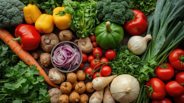Fresh vegetables assortment with tomato bell pepper onion mushroom parsley broccoli arranged wooden