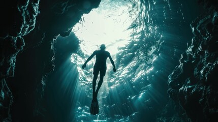 Fototapeta premium Diver ascends into sunlit cave, seen from below, water refracting light