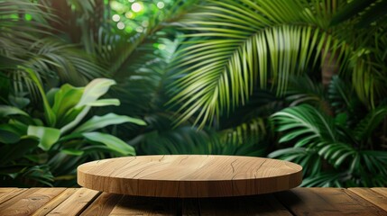 Fototapeta premium Wooden platform in foreground, lush green foliage background. Ideal for product display