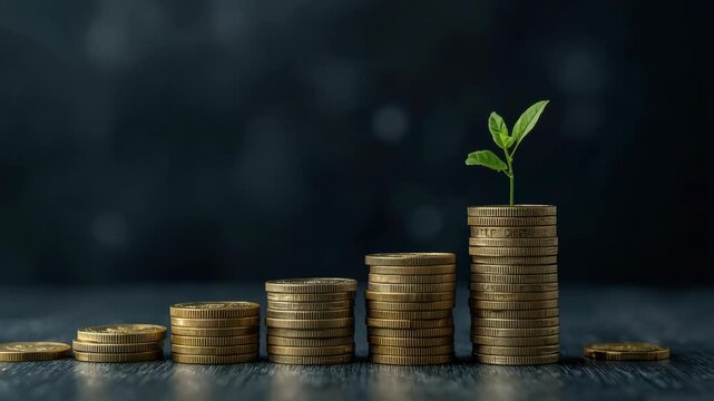 Gold coin stack and coin stack growth with small green plant sprout symbolizing money finance