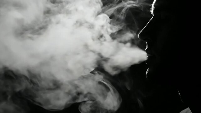 Cinematic close up profile shot of a person exhaling vapor on a dark background