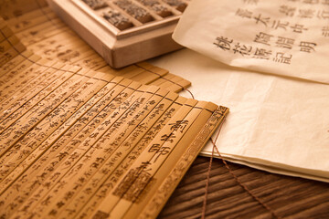 Ancient Chinese Bamboo Strips with Classical Calligraphy and Historical Documents