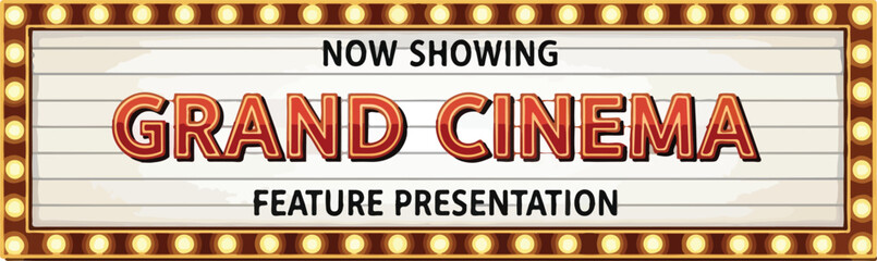 Vintage cinema marquee sign displaying grand feature presentation at an old movie theater entrance © Jakmania