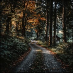 Obraz premium A dirt path winds through a dense autumn forest, dappled with sunlight and lined with warm, colorful foliage.