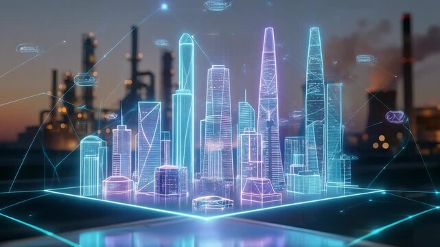 Futuristic smart city digital hologram with technology and modern urban buildings concept