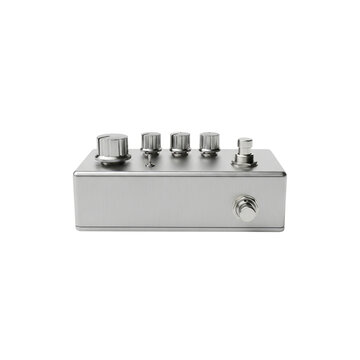 Silver guitar effects pedal with knobs and switch