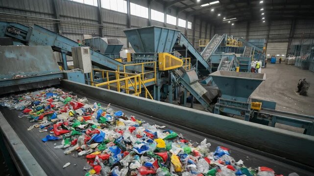 Industrial recycling plant with conveyor belts sorting colorful plastic waste inside factory warehouse