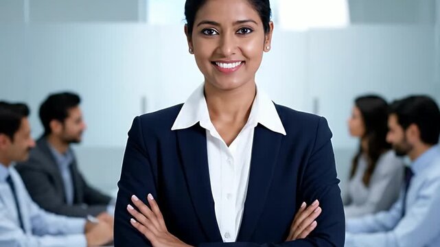 Medium close-up of a confident Indian businesswoman smiling and crossing arms in a modern office conference room.