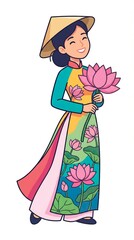 Fototapeta premium a beautiful girl in a Vietnamese traditional costume with lotuses, happy and radiant. Flat drawing in cartoon style, white background, ratio 9:16 