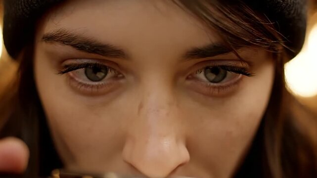 Cinematic close up of a young woman playing harmonica in warm light