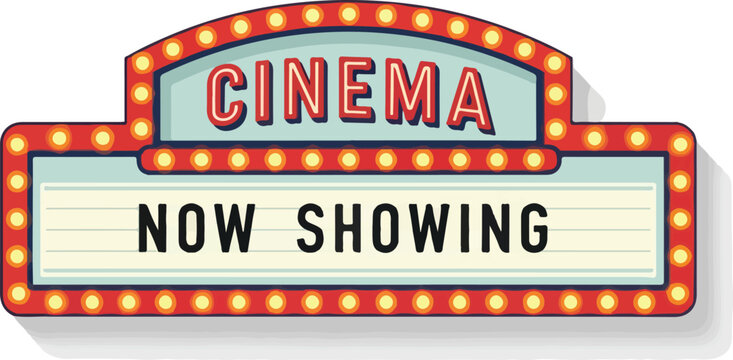 Vibrant cinema sign displaying 'Now Showing' in bright lights at a movie theater entrance