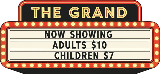 A grand cinema marquee displaying movie ticket prices for adults and children at an entertainment venue © Jakmania