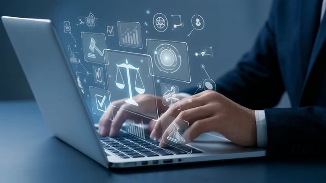 Businessman working on laptop with digital law icons and legal technology concept