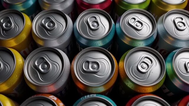 Top view of several colorful aluminum cans of soda or beer with drops of fresh condensation.