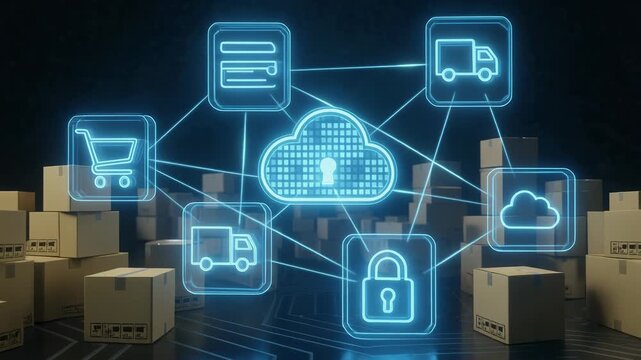 Secure cloud logistics and e-commerce network with digital delivery and data protection icons over stacked shipping boxes
