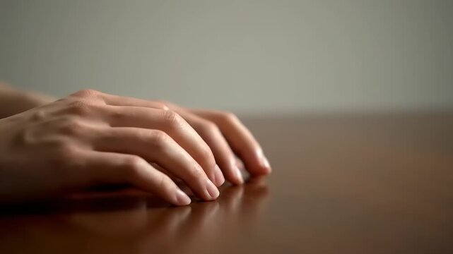 Hands resting on wooden table surface.