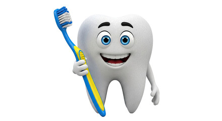 Happy Cartoon Tooth Holding a Toothbrush