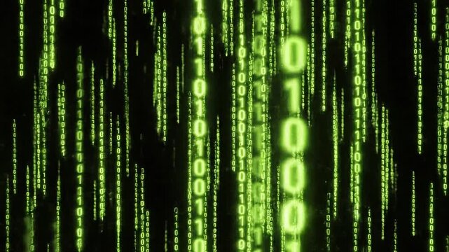 Cinematic falling green binary code rain in digital matrix, futuristic cyber security technology background for hacker programming data concept.