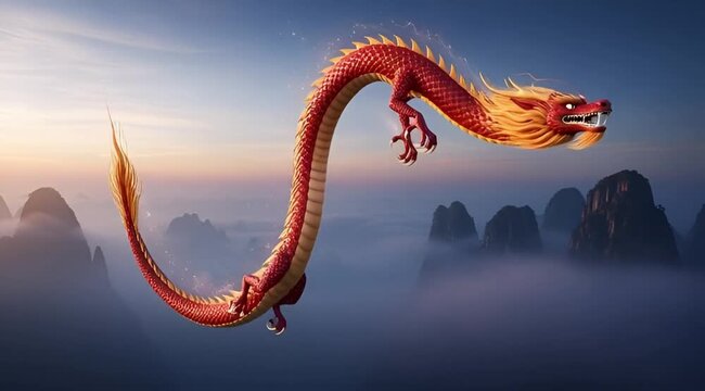 Chinese dragon flying over misty mountains