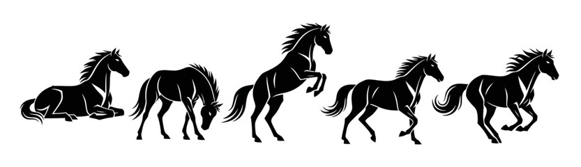 Obraz premium Dynamic collection of powerful horse silhouettes in various action poses, perfect for equestrian designs and majestic animal themes