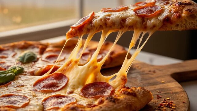 Delicious pepperoni pizza slice with melted cheese pulled apart on wooden board