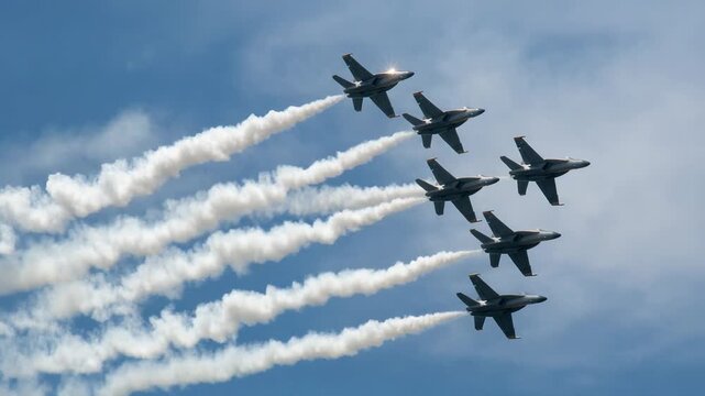 Military jet fighter planes performing aerial formation with smoke trails in a clear blue sky