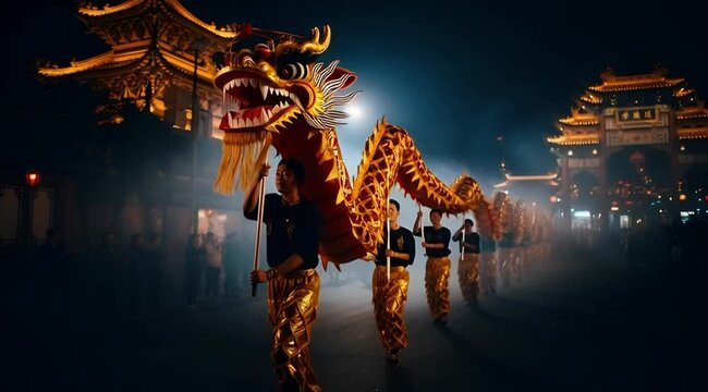 Dragon dance procession during Chinese New Year celebration