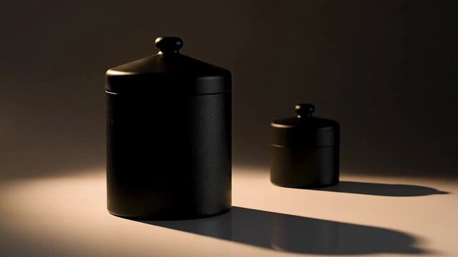 Two black ceramic jars with lids, one large and one small, on white background.