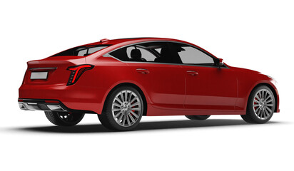 Photorealistic 3D render of a sleek modern red sedan car in rear right quarter view isolated on transparent background