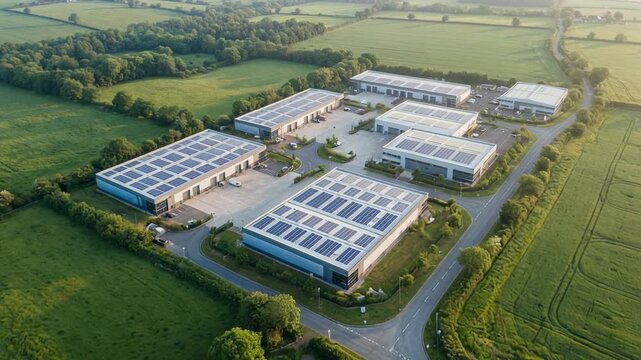 Aerial view of modern business park with solar panels surrounded by green fields and trees in rural landscape