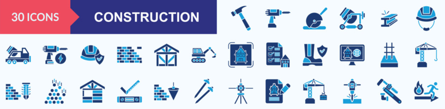 construction flat blue icon set