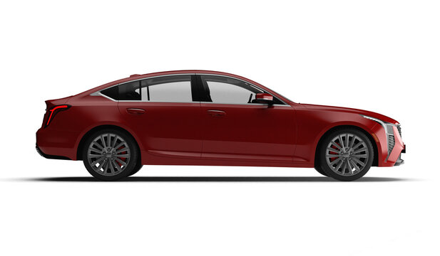 Photorealistic 3D render of a sleek modern red sedan car in full right side profile view isolated on transparent background